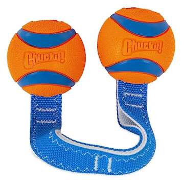 Chuckit! Ultra Duo Tug Dog Toy - Two Ultra Balls on a Durable Nylon Cord Handle - Fetch and Tug-of-War Toy for Dogs - Size Medium - For Breeds 20-60 lbs - 2.5-inch Diameter - Orange and Blue