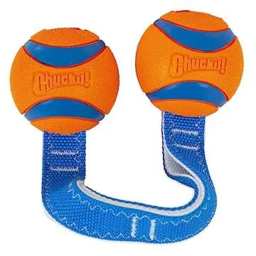 Chuckit! Ultra Duo Tug Dog Toy - Two Ultra Balls on a Durable Nylon Cord Handle - Fetch and Tug-of-War Toy for Dogs - Size Medium - For Breeds 20-60 lbs - 2.5-inch Diameter - Orange and Blue