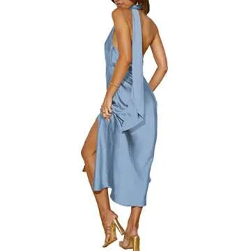 Sexyshine Women's Elegant Halter Tie Neck Sleeveless Satin Long Dress Backless Split Cocktail Party ...