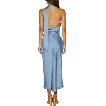Sexyshine Women's Elegant Halter Tie Neck Sleeveless Satin Long Dress Backless Split Cocktail Party Formal Wedding Maxi Dress(4572BE,S) Blue
