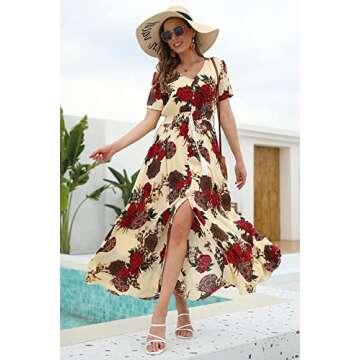 1stvital Women's Floral Maxi Dresses Boho Summer Beach Dress Short Sleeve Button Up Split Party Dress, Yellow Flower XXL