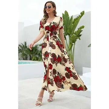 1stvital Women's Floral Maxi Dresses Boho Summer Beach Dress Short Sleeve Button Up Split Party Dress, Yellow Flower XXL