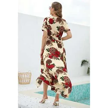 1stvital Women's Floral Maxi Dresses Boho Summer Beach Dress Short Sleeve Button Up Split Party Dress, Yellow Flower XXL