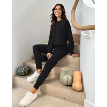ZESICA Women's Long Sleeve Crop Top and Pants Pajama Sets 2 Piece Jogger Long Sleepwear Loungewear Pjs Sets,Black,Medium