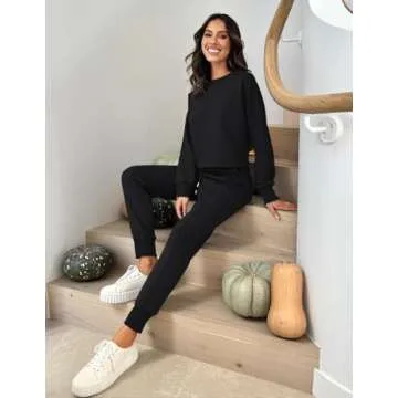 ZESICA Women's Long Sleeve Crop Top and Pants Pajama Sets 2 Piece Jogger Long Sleepwear Loungewear Pjs Sets,Black,Medium