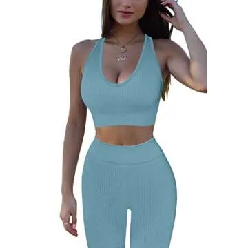 QINSEN Yoga Lggings for Women Seamless Ribbed 2 Piece Outfits GMY Fitness Sport Bra Workout Outfits Blue S