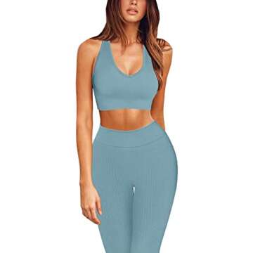 QINSEN Yoga Lggings for Women Seamless Ribbed 2 Piece Outfits GMY Fitness Sport Bra Workout Outfits Blue S