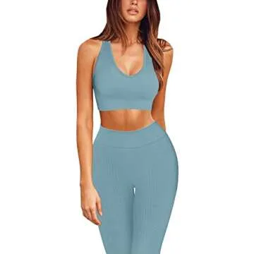 QINSEN Yoga Lggings for Women Seamless Ribbed 2 Piece Outfits GMY Fitness Sport Bra Workout Outfits Blue S