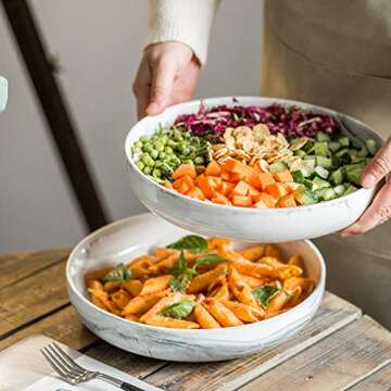YHOSSEUN Serving Bowl Set, Ceramic Salad Serving Bowls Pasta Bowls Set of 2, Serving Dishes for Entertaining 10 inch Stackable Serving Bowls for Parties, Grey Marble