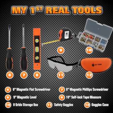 JoyTown Kids Real Tool Set - Junior Steel Forged Tool Kit for Children with Real Hand Tools, Kids Tool Belt, Portable Tool Bag, Perfect Learning Tools for Home DIY (Orange & Black)
