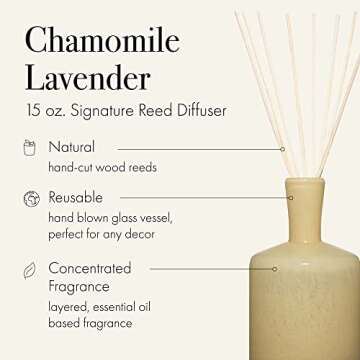 LAFCO New York Signature Reed Diffuser, Chamomile Lavender - 15 oz - Up to 9 Months Fragrance Life - Reusable, Hand Blown Glass Vessel - Natural Wood Reeds - Made in The USA