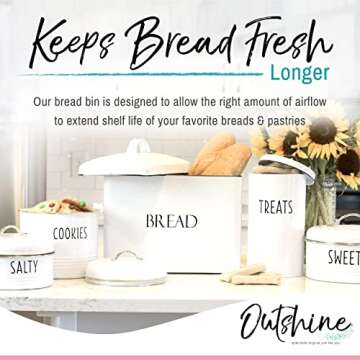 OUTSHINE Farmhouse Extra Large Bread Box for Kitchen Countertop | White Bread Box with Fitted Lid | Vintage Bread Storage Container for Kitchen | Farmhouse Bread Box Countertop Gift