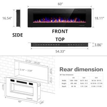 R.W.FLAME 60" Recessed and Wall Mounted Electric Fireplace, Low Noise, Fit for 2 x 6 Stud, Remote Control with Timer, Touch Screen, Adjustable Flame Color and Speed, 750-1500W
