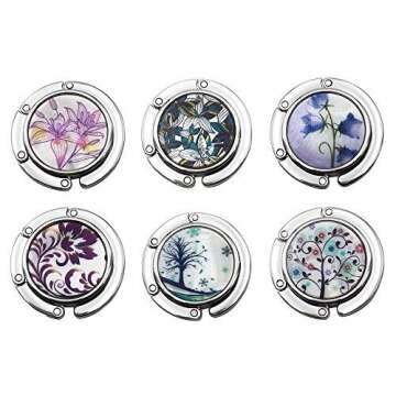 FOME Handbag Hanger, Set of 6 Foldable Purse Hook Purse Table Hook Holder Flower and Tree Pattern Ba...