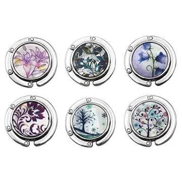 FOME Handbag Hanger, Set of 6 Foldable Purse Hook Purse Table Hook Holder Flower and Tree Pattern Ba...