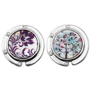 FOME Handbag Hanger, Set of 6 Foldable Purse Hook Purse Table Hook Holder Flower and Tree Pattern Bag Hanger Hook 3.54x1.77in Mixed Color