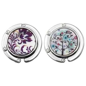 FOME Handbag Hanger, Set of 6 Foldable Purse Hook Purse Table Hook Holder Flower and Tree Pattern Bag Hanger Hook 3.54x1.77in Mixed Color