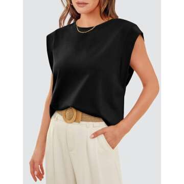 Womens Tops Cap Sleeve Tops for Women Boat Neck Sleeveless Tank Top 2024 Loose Fit Cute Work Office T Shirts Summer Business Casual Outfits Beach Vacation Clothes Resort Wear 2025 Trendy Black M