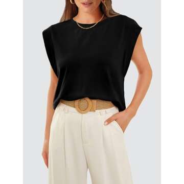 Womens Tops Cap Sleeve Tops for Women Boat Neck Sleeveless Tank Top 2024 Loose Fit Cute Work Office T Shirts Summer Business Casual Outfits Beach Vacation Clothes Resort Wear 2025 Trendy Black M