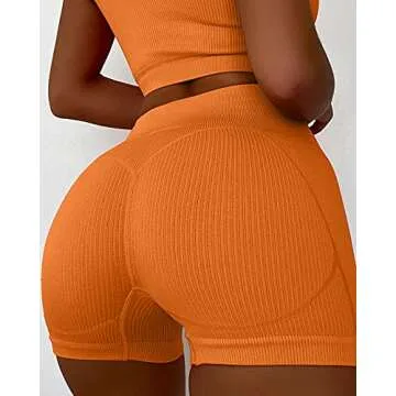 OYS Women's Workout Set 2 Piece Strappy Sports Bra Seamless High Waisted Yoga Ribbed Shorts Orange