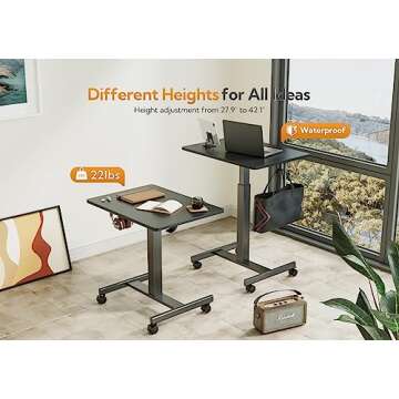 Claiks Mobile Standing Desk, Small Rolling Standing Desk, Mobile Desk Workstation with Wheels, Pneumatic Mobile Laptop Desk for Home Office with Hook, Black
