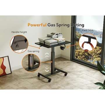 Claiks Mobile Standing Desk, Small Rolling Standing Desk, Mobile Desk Workstation with Wheels, Pneumatic Mobile Laptop Desk for Home Office with Hook, Black