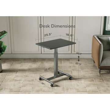 Claiks Mobile Standing Desk, Small Rolling Standing Desk, Mobile Desk Workstation with Wheels, Pneumatic Mobile Laptop Desk for Home Office with Hook, Black