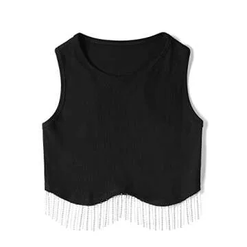 Womens Nashville Sparkly Rhinestone Fringe Sleeveless Crop Tops Y2K Raceback Ribbed Cropped Tank Tops with Glitter Tassel 1-Black X-Large