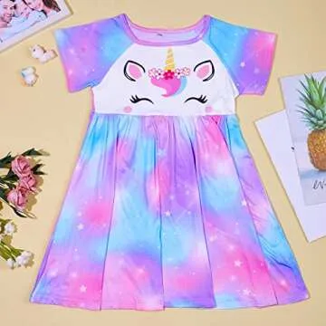 ICOSY Girls Nightgowns Unicorn Dress Pajamas for Toddler Girls Princess Nightgown Dress Unicorn Clothes for Girls Purple Teal