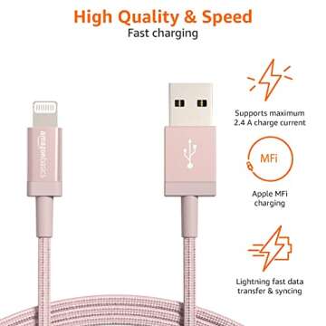 Amazon Basics 2-Pack USB-A to Lightning Charger Cable, Nylon Braided Cord, MFi Certified Charger for Apple iPhone 14 13 12 11 X Xs Pro, Pro Max, Plus, iPad, 6 Foot, Rose Gold