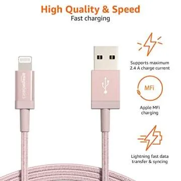 Amazon Basics 2-Pack USB-A to Lightning Charger Cable, Nylon Braided Cord, MFi Certified Charger for Apple iPhone 14 13 12 11 X Xs Pro, Pro Max, Plus, iPad, 6 Foot, Rose Gold