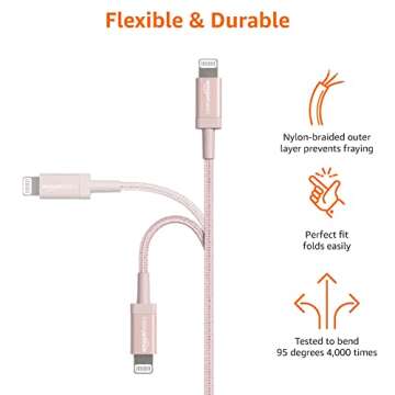Amazon Basics 2-Pack USB-A to Lightning Charger Cable, Nylon Braided Cord, MFi Certified Charger for Apple iPhone 14 13 12 11 X Xs Pro, Pro Max, Plus, iPad, 6 Foot, Rose Gold