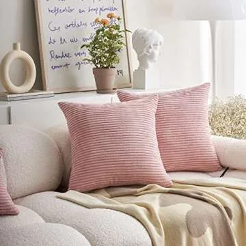 Demetex 18x18 Pillow Covers Pink Striped Corduroy Pillowcases Decorative Square Throw Pillows for Couch Bedroom Wedding, Set of 2, 18 x 18 inch, Light Pink