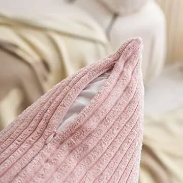 Demetex 18x18 Pillow Covers Pink Striped Corduroy Pillowcases Decorative Square Throw Pillows for Couch Bedroom Wedding, Set of 2, 18 x 18 inch, Light Pink