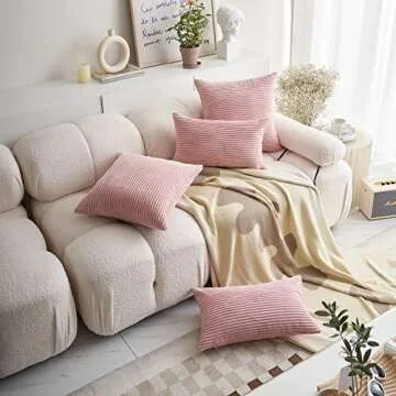 Demetex 18x18 Pillow Covers Pink Striped Corduroy Pillowcases Decorative Square Throw Pillows for Couch Bedroom Wedding, Set of 2, 18 x 18 inch, Light Pink