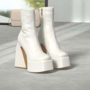 Uacllcau White Platform Boots for Women Ankle Booties Square Toe Chunky High Heel Boots Side Zipper ...