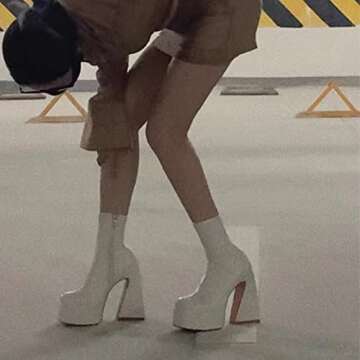 Uacllcau White Platform Boots for Women Ankle Booties Square Toe Chunky High Heel Boots Side Zipper Mid Calf Boots