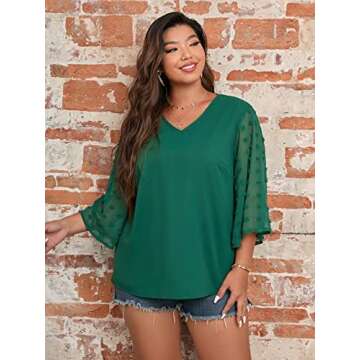 SOLY HUX Women's Plus Size Swiss Dots V Neck 3/4 Sleeve Casual Blouse Tops Solid Green 2XL