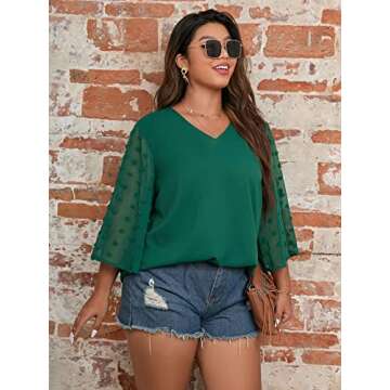 SOLY HUX Women's Plus Size Swiss Dots V Neck 3/4 Sleeve Casual Blouse Tops Solid Green 2XL