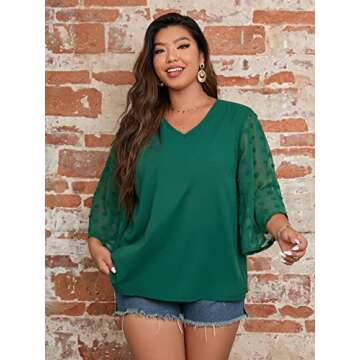 SOLY HUX Women's Plus Size Swiss Dots V Neck 3/4 Sleeve Casual Blouse Tops Solid Green 2XL
