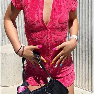 KMBANGI Short Sleeve Jumpsuit for Women Bodycon Sexy V Neck Buttons Rompers Shorts Towelling Playsuit One Piece Bodysuit(Embroidery Pink,S)