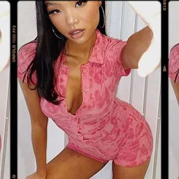 KMBANGI Short Sleeve Jumpsuit for Women Bodycon Sexy V Neck Buttons Rompers Shorts Towelling Playsuit One Piece Bodysuit(Embroidery Pink,S)