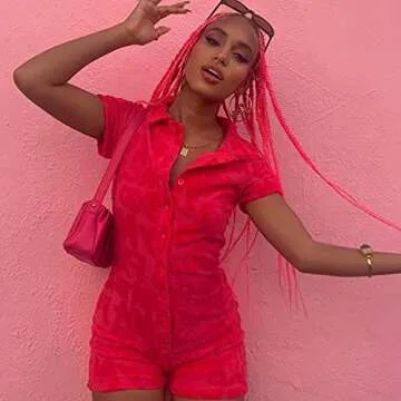 KMBANGI Short Sleeve Jumpsuit for Women Bodycon Sexy V Neck Buttons Rompers Shorts Towelling Playsuit One Piece Bodysuit(Embroidery Pink,S)