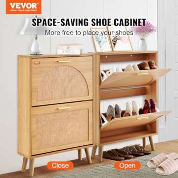 VEVOR Shoe Cabinet with 2 Flip Drawers, Shoe Storage Cabinet for Entryway, Free Standing Shoe Storage Organizer with Rattan Doors for Heels, Boots, Slippers in Hallway, Living Room