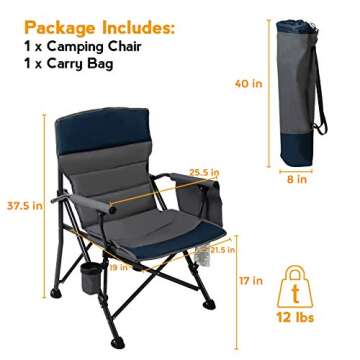 Pacific Pass Heavy Duty Padded Chair w/ Built-In Storage and Cup Holder, Includes Bag - Navy/Gray