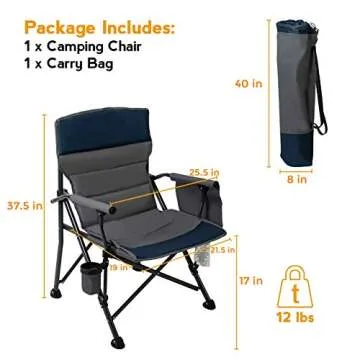 Pacific Pass Heavy Duty Padded Chair w/ Built-In Storage and Cup Holder, Includes Bag - Navy/Gray
