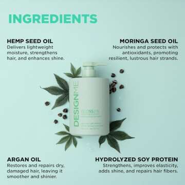 Design.Me GLOSS.ME Hydrating Shampoo | Hemp & Argan Oil Shampoo Adds Softness & Shine | Straight, Wavy, or Curly Hair Shampoo | Sulfate-Free & Color-Safe Moisturizing Shampoo for Dry Hair, 32 Fl Oz