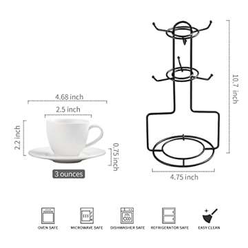 YHOSSEUN Espresso Cups and Saucers with Metal Stand, Porcelain Demitasse Cups Set for Espresso, Latt...