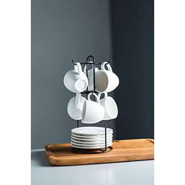 YHOSSEUN Espresso Cups and Saucers with Metal Stand, Porcelain Demitasse Cups Set for Espresso, Latte, Cafe Mocha, Cappuccino and Tea, 3 Ounce, Set of 6, White