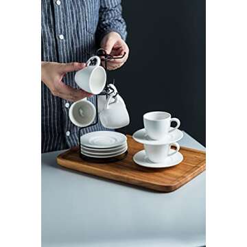 YHOSSEUN Espresso Cups and Saucers with Metal Stand, Porcelain Demitasse Cups Set for Espresso, Latte, Cafe Mocha, Cappuccino and Tea, 3 Ounce, Set of 6, White